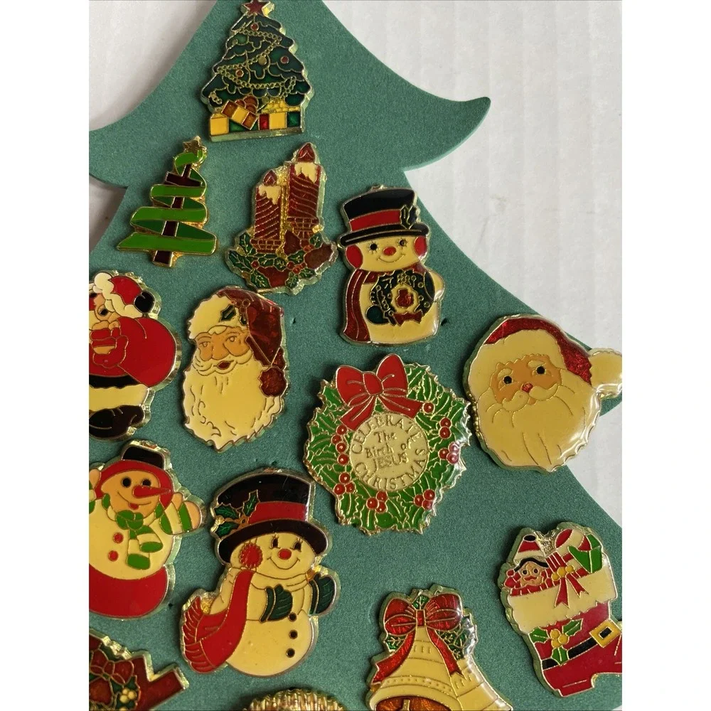 Vintage Christmas Enamel Lapel Pins Pinbacks: Wreath, Snowman, Santa, Lot Of 15